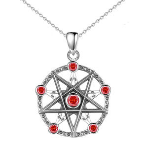 925 Sterling Silver Inverted Pentagram Pendant Necklace with Red Zirconia's